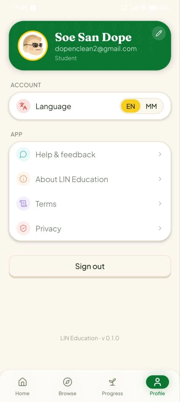 LIN Education profile screen with the Myanmar and English language toggle